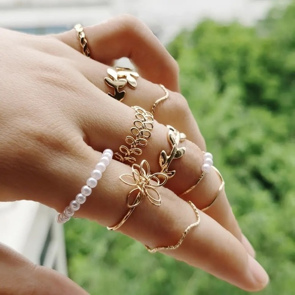 Jewelry - COPY - 10 PC Golden Leaf Pearl Ring Set